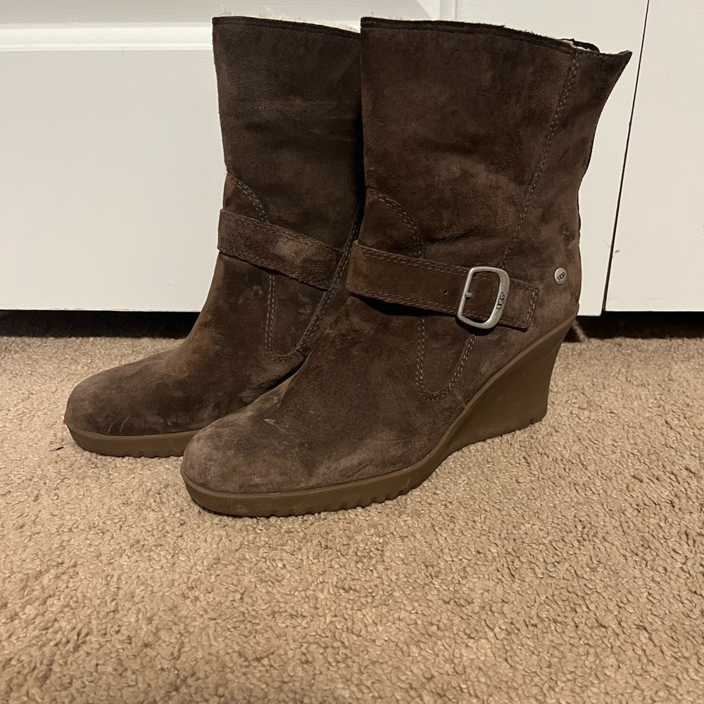 UGG Brown Suede Wedge Boots with Buckle Detail